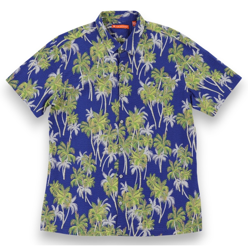 Tori Richard Seersucker Shirt Mens Large Blue Green Palm Trees Puckered Hawaiian